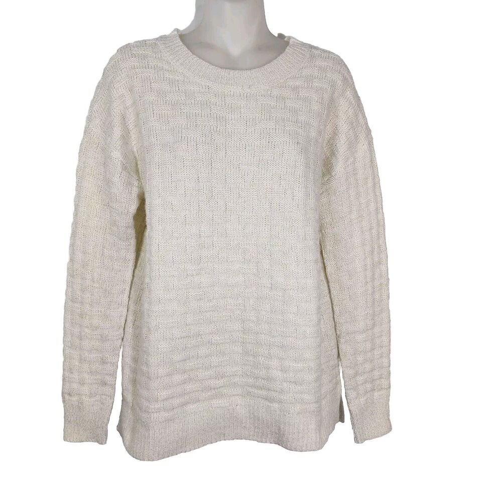 Maurices Womens Sweater Small Lurex Knit Pullover Basket Weave Crew Neck Ivory